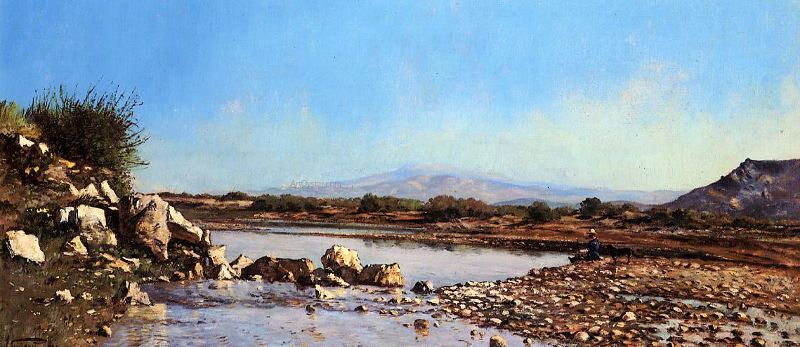 Paul-Camille Guigou The Painter and His Dog on the Banks of the Durance - Hand Painted Oil Painting