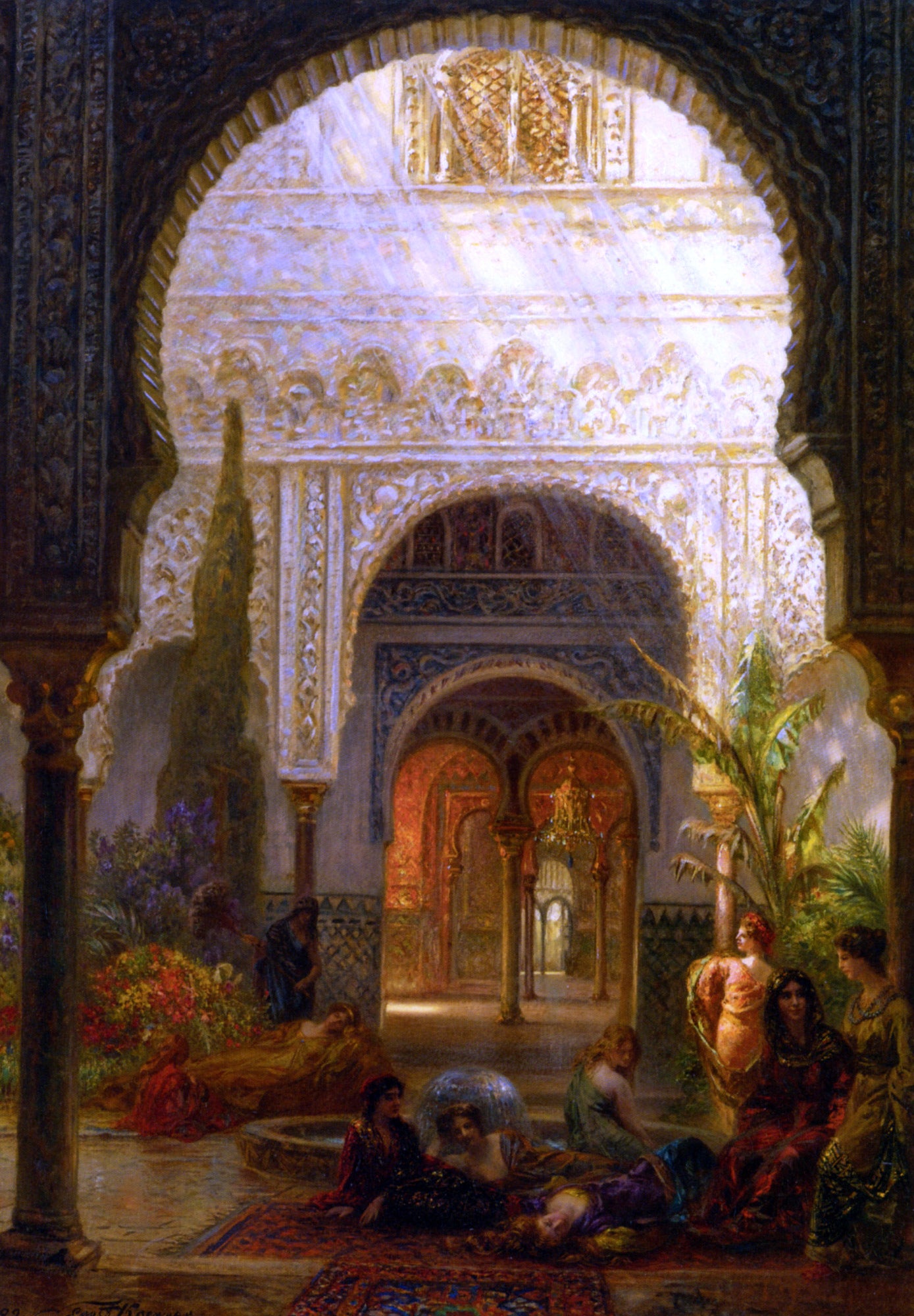 Ernst Karl Eugen Koerner The Patio della Reina - The Alcazar Sevilla - Hand Painted Oil Painting