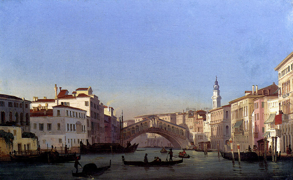 Ippolito Caffi At the Rialto Bridge, Venice - Hand Painted Oil Painting