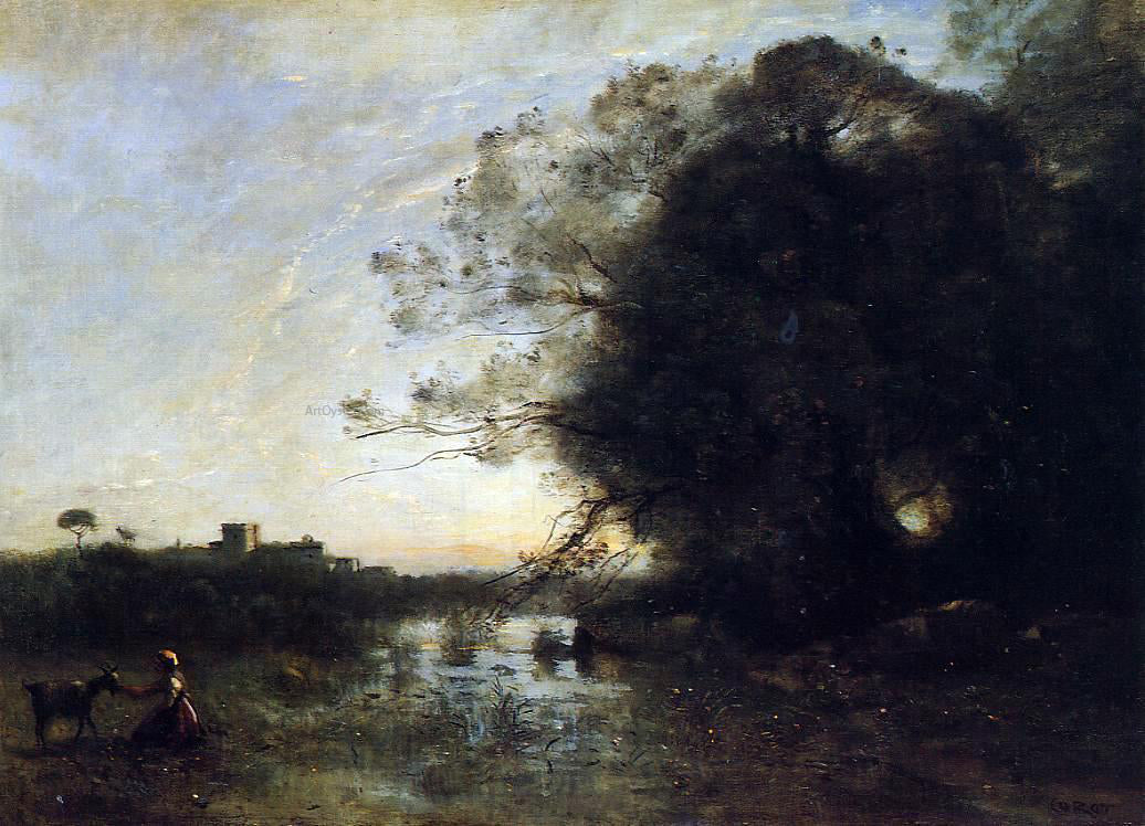 Jean-Baptiste-Camille Corot The Swamp by the Large Tree with a Goatherd - Hand Painted Oil Painting