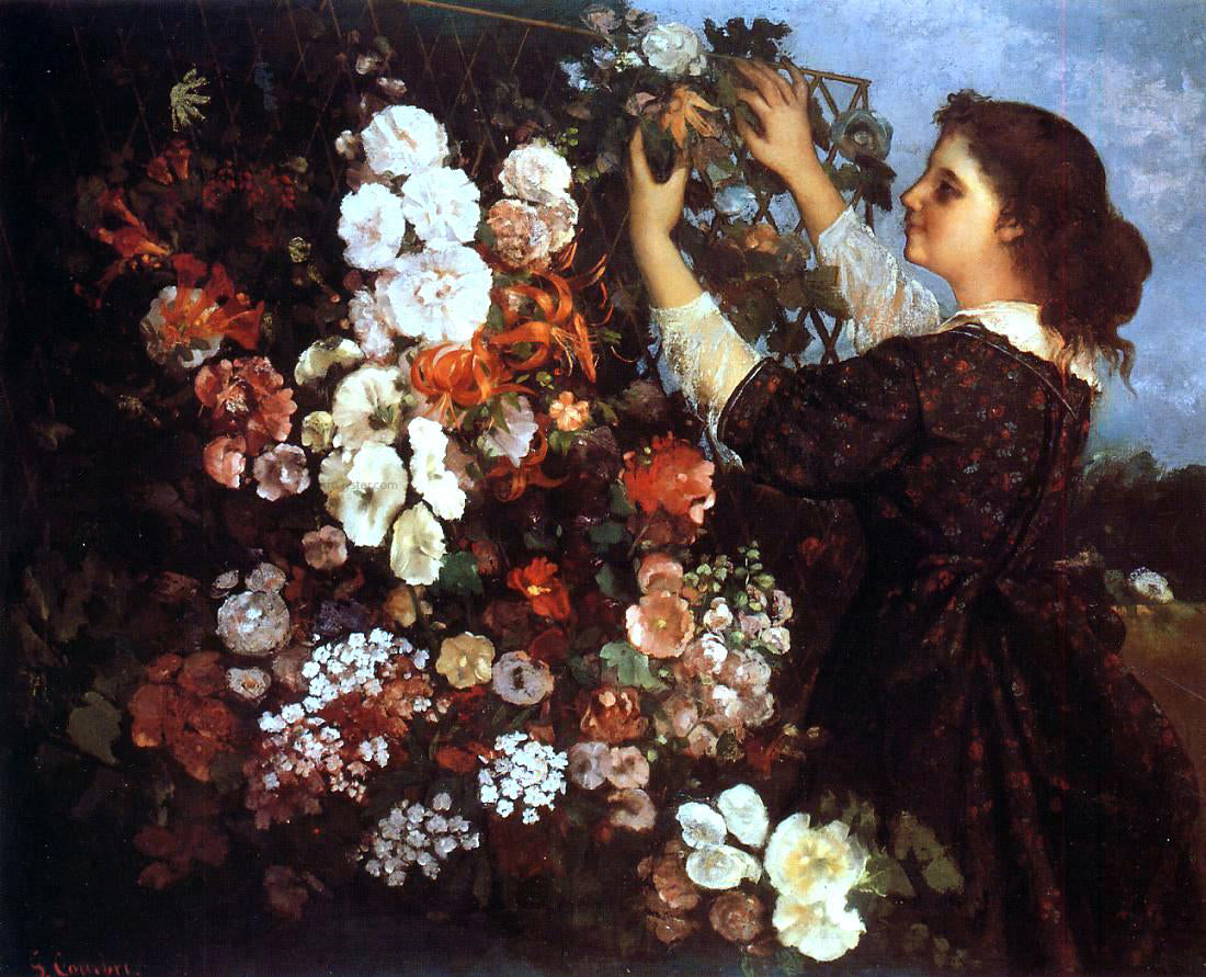 Gustave Courbet The Trellis (also known as Young Woman Arranging Flowers) - Hand Painted Oil Painting