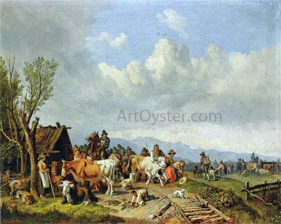  Heinrich Burkel The Village Cattle Market - Hand Painted Oil Painting