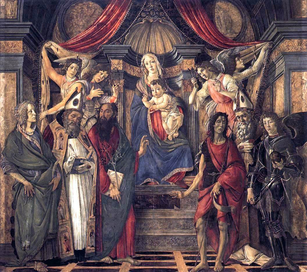  Sandro Botticelli The Virgin and Child with Four Angels and Six Saints (Pala di San Barnaba) - Hand Painted Oil Painting