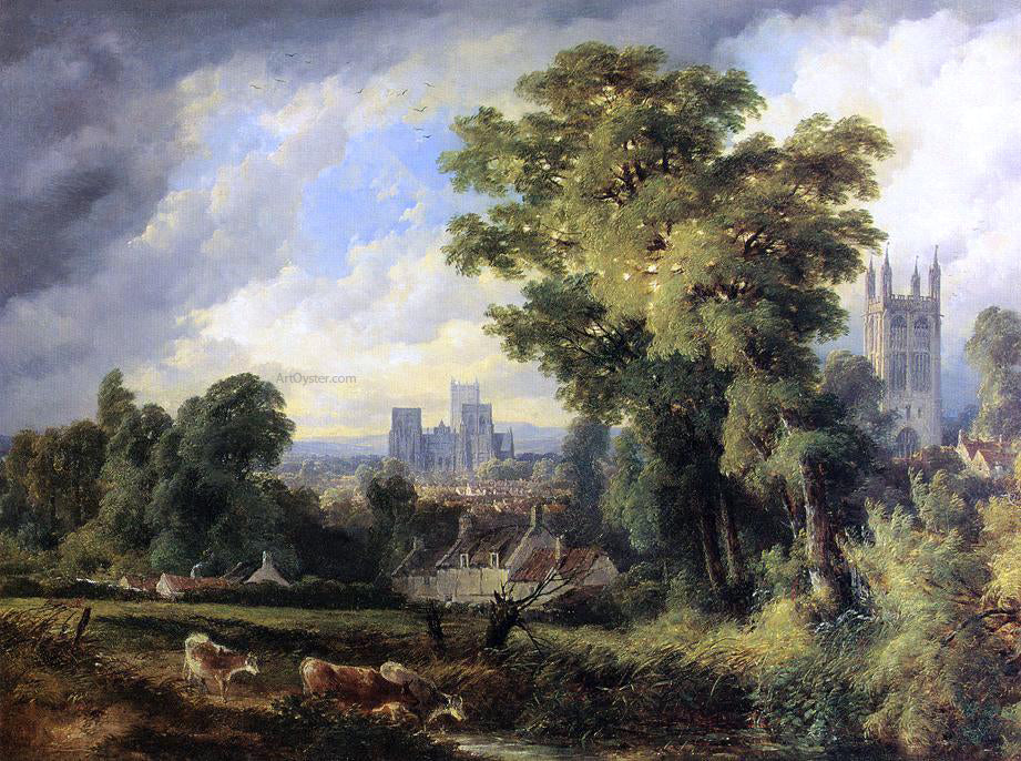 John Syer The West Front of Wells Cathedral with St. Cuthert's Church in the Fourground - Hand Painted Oil Painting