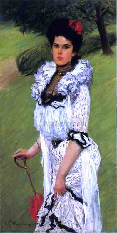 William Thomas Smedley The White Dress: Portrait of a Young Woman in a Park - Hand Painted Oil Painting