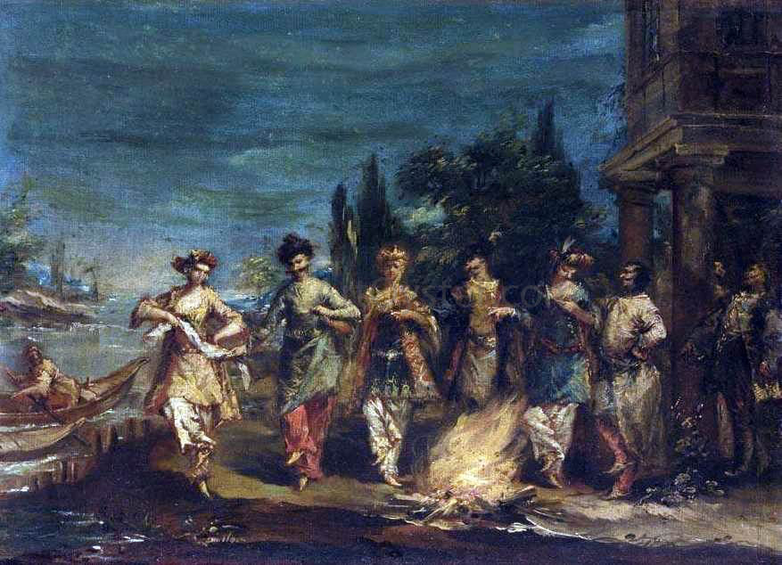 Giovanni Antonio Guardi Three Couples in Exotic Dress Dancing in Front of a Fire - Hand Painted Oil Painting