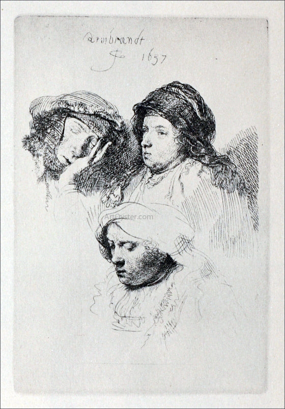 Rembrandt Van Rijn Three Heads of Women, One Asleep - Hand Painted Oil Painting