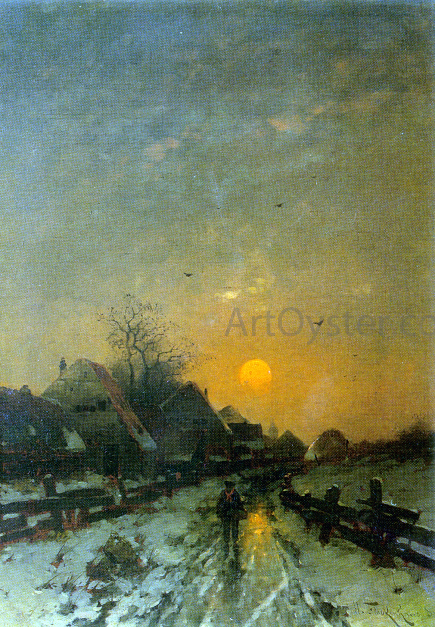 Heinz Flockenhaus Traveler on a Snowy Track at Sunset - Hand Painted Oil Painting