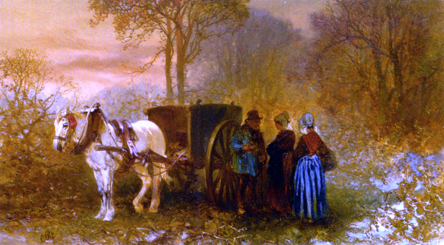Charles Rochussen Travellers by a Horse and Cart in a Wooded Landscape - Hand Painted Oil Painting