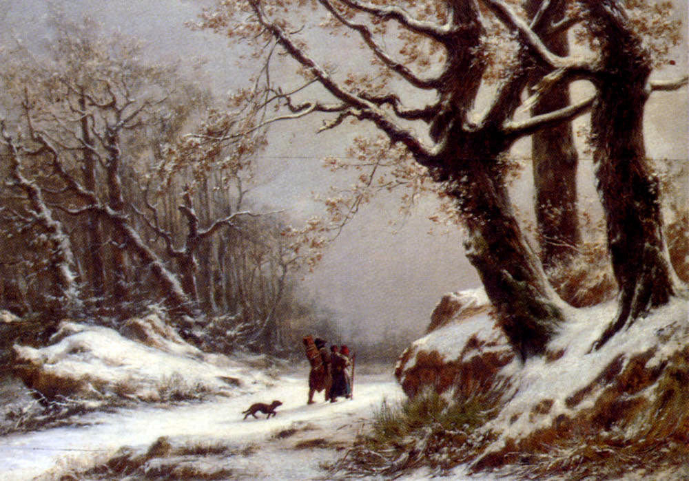 Charles Joseph Lecointe Travellers In Winter Woodland - Hand Painted Oil Painting