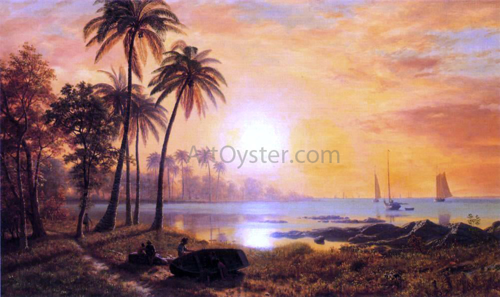 Albert Bierstadt Tropical Landscape with Fishing Boats in Bay - Hand Painted Oil Painting