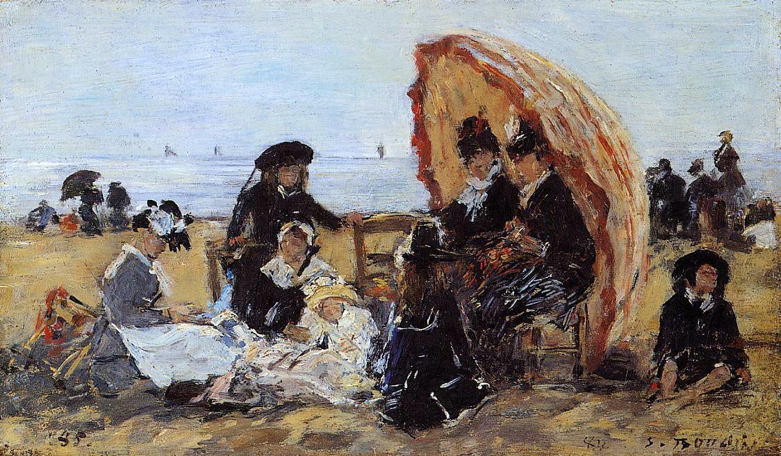 Eugene-Louis Boudin Trouville, on the Beach Sheltered by a Parasol - Hand Painted Oil Painting