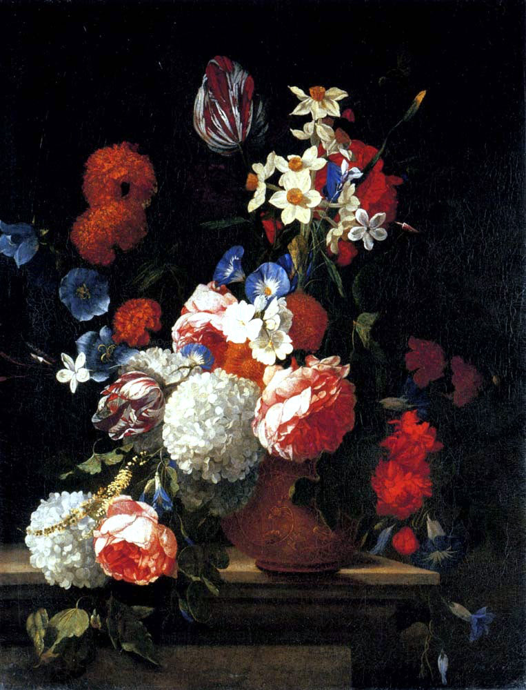 Hieronymus Tulips, Peonies, Morning Glory, Narcissi and other Flowers in a Decorated Vase on a Ledge - Hand Painted Oil Painting