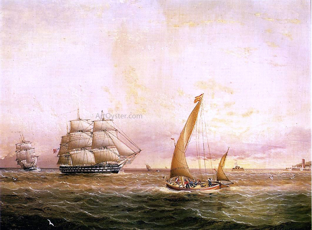 James E Buttersworth Two American Naval Vessels Entering Harbor - Hand Painted Oil Painting