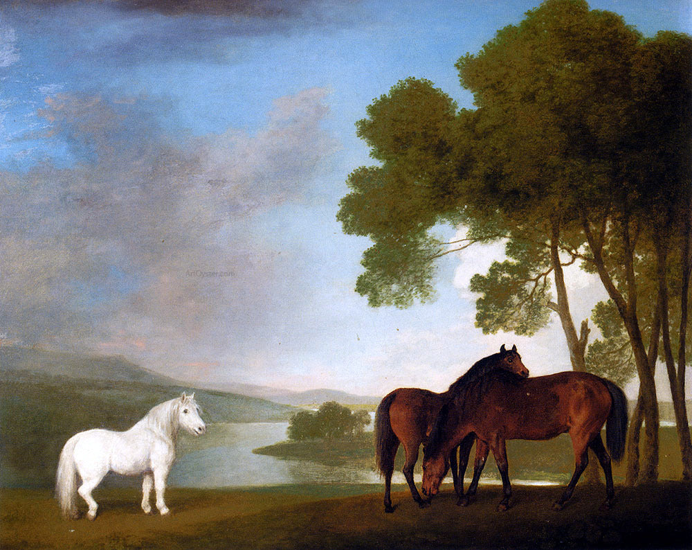 George Stubbs Two Bay Mares And A Grey Pony In A Landscape - Hand Painted Oil Painting