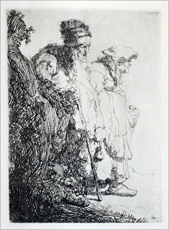 Rembrandt Van Rijn Two Beggars, a Man and a Woman, Coming from Behind a Bank - Hand Painted Oil Painting