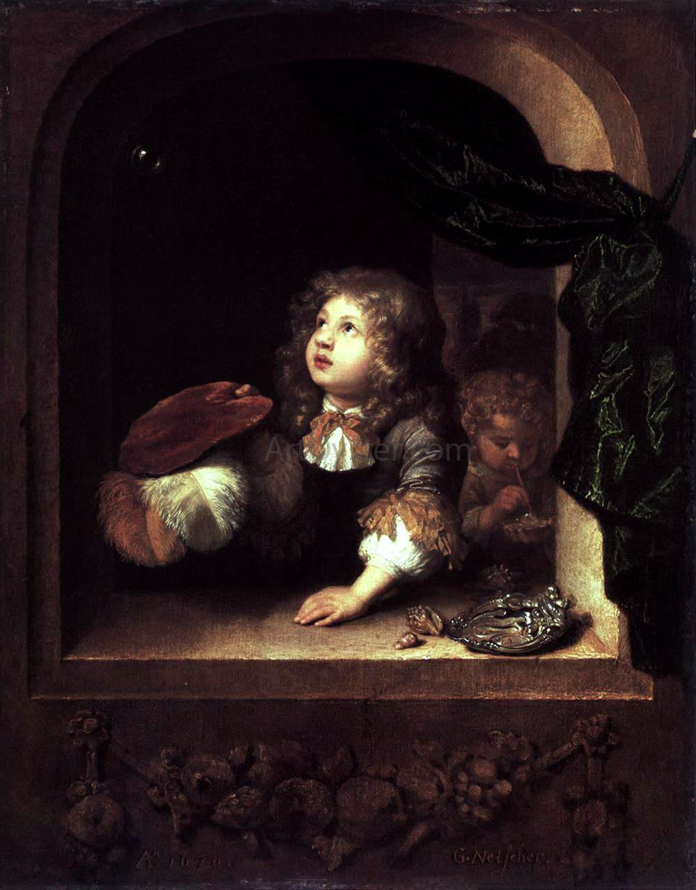 Caspar Netscher Two Boys Blowing Bubbles - Hand Painted Oil Painting