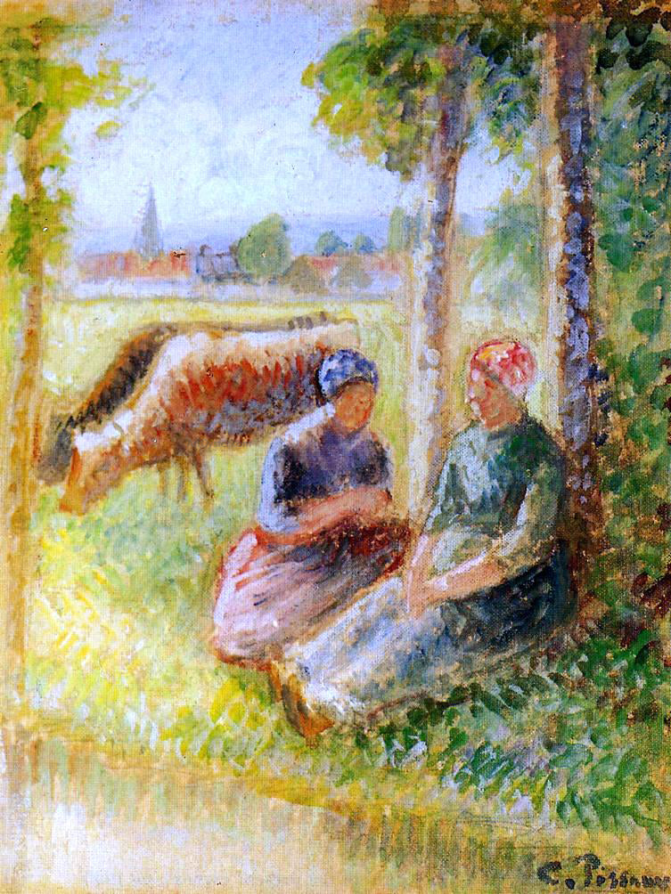 Camille Pissarro Two Cowherds by the River - Hand Painted Oil Painting