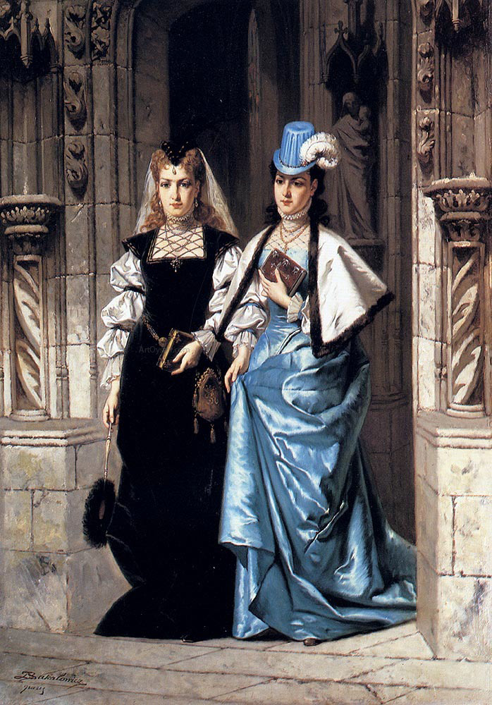 Ladislaus Bakalowicz Two Elegant Ladies Leaving A Church - Hand Painted Oil Painting