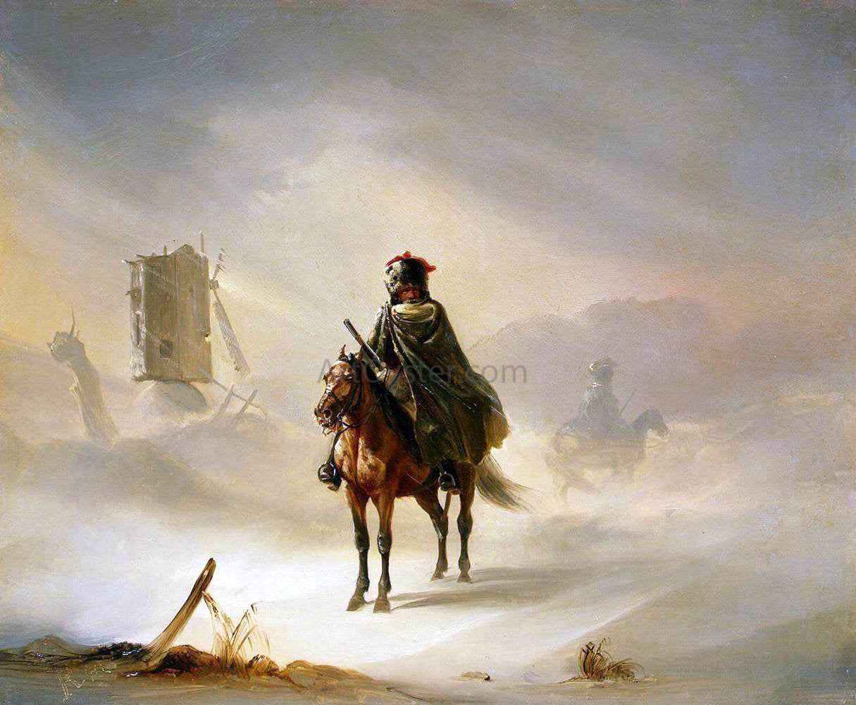 Auguste Raffet Two French Hussars on Patrol in Winter - Hand Painted Oil Painting