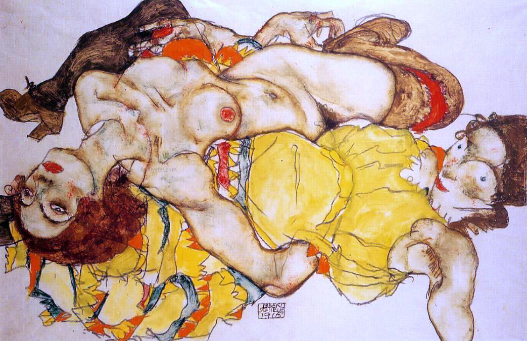 Egon Schiele Two Girls Lying Entwined - Hand Painted Oil Painting