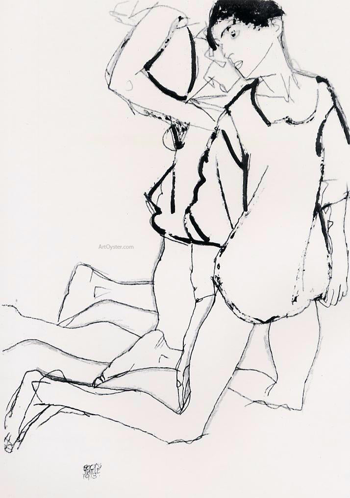 Egon Schiele Two Kneeling Figures (also known as Parallelogram) - Hand Painted Oil Painting