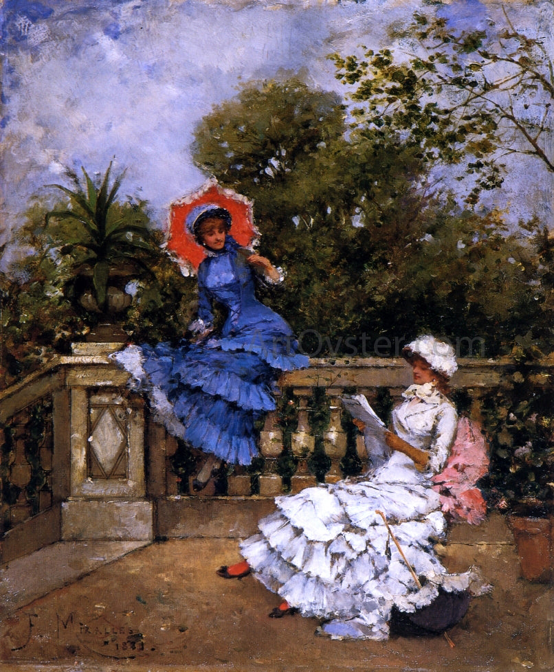 Francisco Miralles Y Gallup Two Ladies Conversing on a Terrace - Hand Painted Oil Painting
