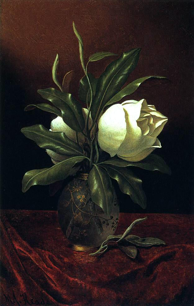 Martin Johnson Heade Two Magnolia Blossoms in a Glass Vase - Hand Painted Oil Painting