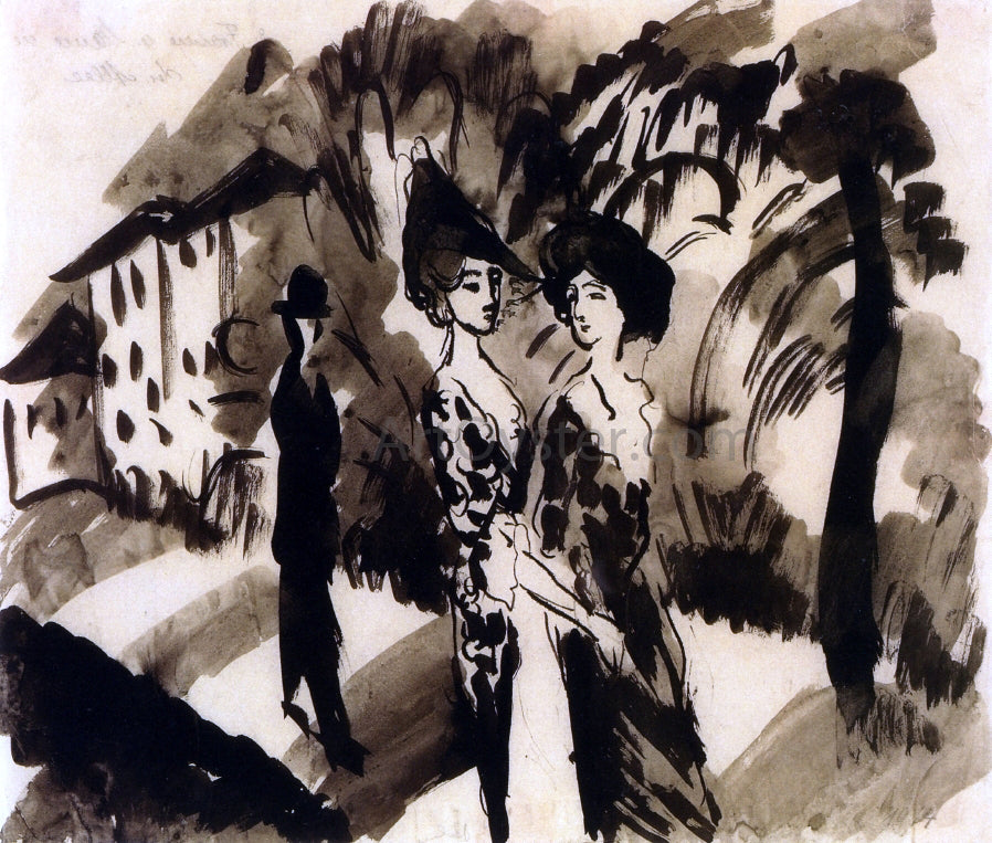 August Macke Two Women and an Man on an Avenue - Hand Painted Oil Painting