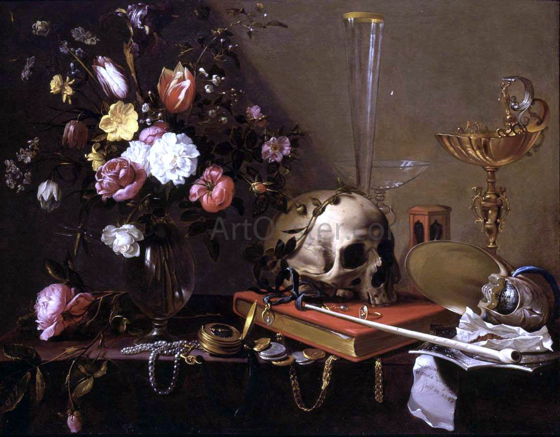 Adriaen Van Utrecht Vanitas Still-Life with a Bouquet and a Skull - Hand Painted Oil Painting