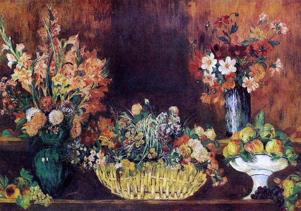 Pierre Auguste Renoir Vase, Basket of Flowers and Fruit - Hand Painted Oil Painting