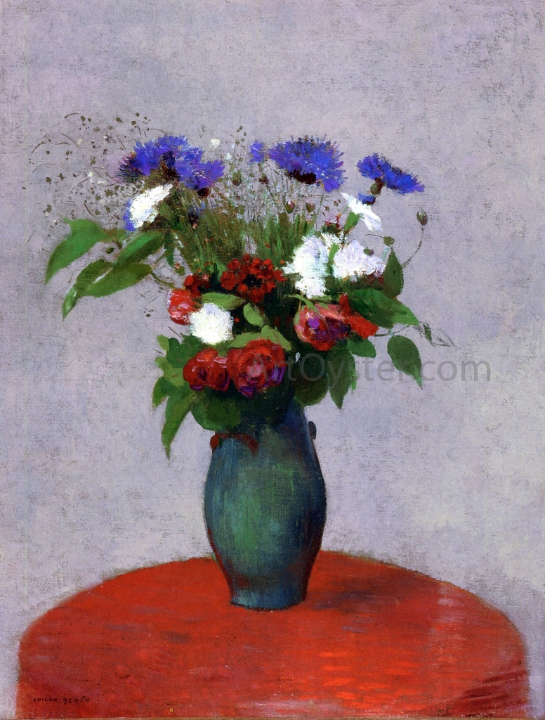 Odilon Redon Vase of Flowers on a Red Tablecloth - Hand Painted Oil Painting