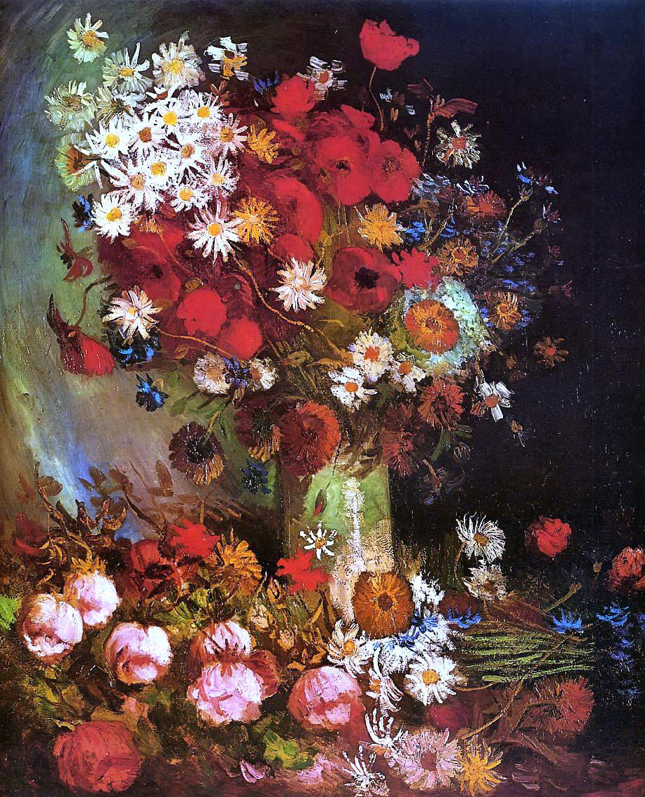 Vincent Van Gogh Vase with Poppies, Cornflowers, Peonies and Chrysanthemums - Hand Painted Oil Painting