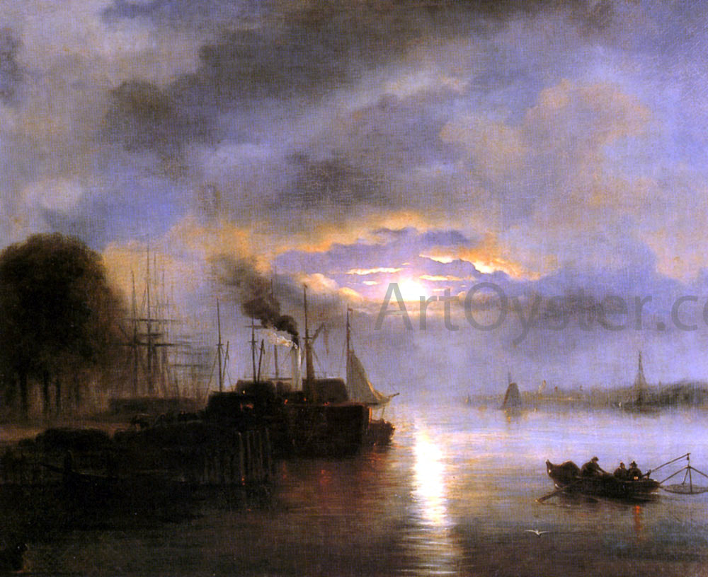 Nicolaas Johannes Roosenboom Vessels Before a Harbour Town by Moonlight, possibly Rotterdam - Hand Painted Oil Painting