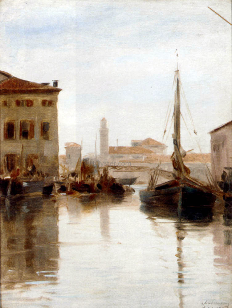 Adolf Schwarz Vessels Moored on a Venetian Backwater - Hand Painted Oil Painting