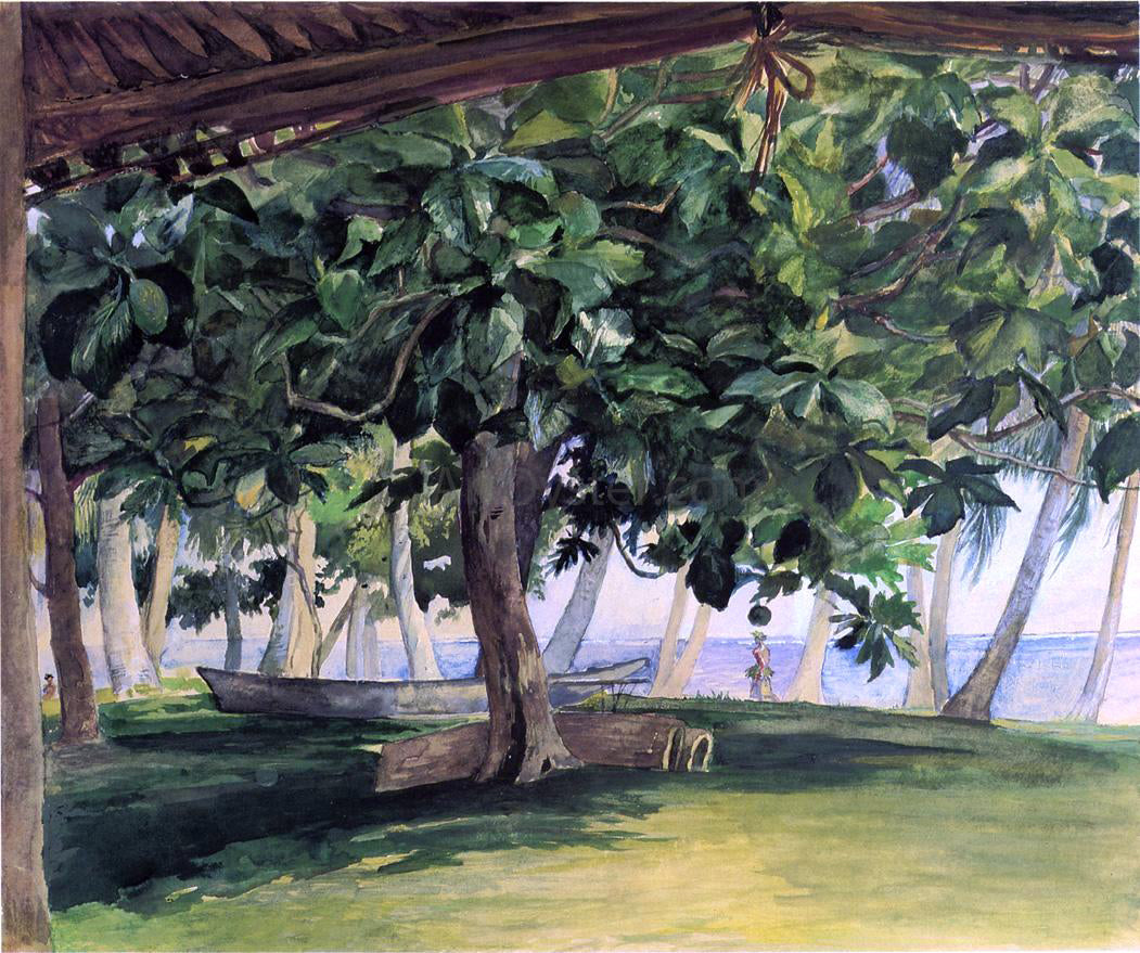John La Farge View from Hut, at Vaiala in Upolu, Bread Fruit Tree, War Drums and Canoe, Nov. 19th, 1890 - Hand Painted Oil Painting