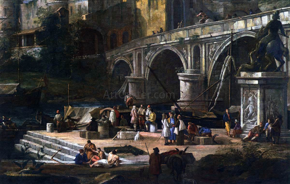 Luca Carlevaris View of a River Port - Hand Painted Oil Painting