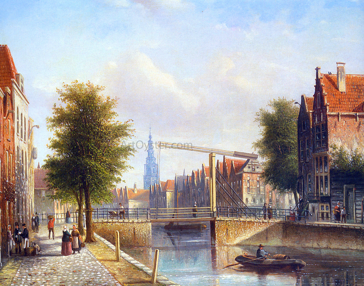 Johannes Franciscus Spohler View of a Town with Figures Strolling on a Quay - Hand Painted Oil Painting