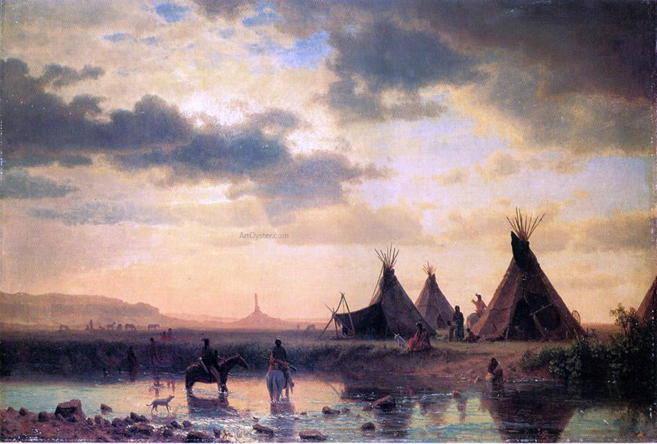 Albert Bierstadt View of Chimney Rock, Ogalillalh Sioux Village in Foreground - Hand Painted Oil Painting