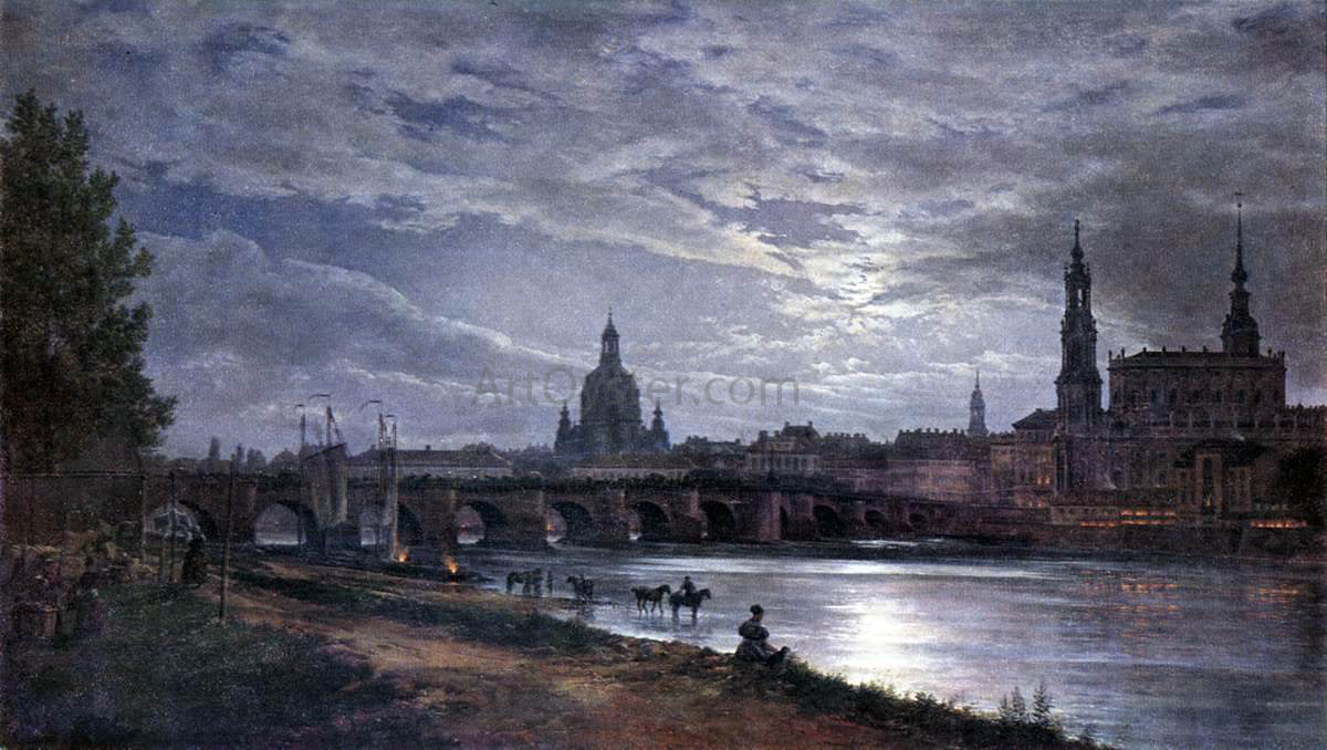 Johan Christian Claussen Dahl View of Dresden at Full Moon - Hand Painted Oil Painting