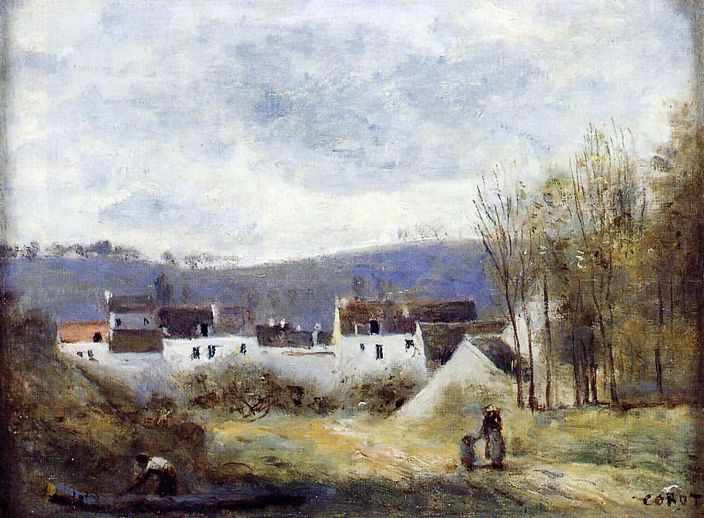 Jean-Baptiste-Camille Corot Village at the Foot of a Hill, Ile-de-France - Hand Painted Oil Painting