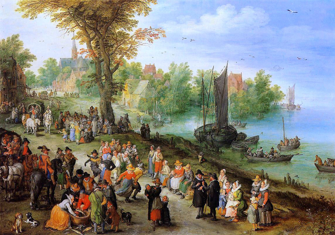 The Elder Jan Bruegel Village Landscape with Self Portrait - Hand Painted Oil Painting
