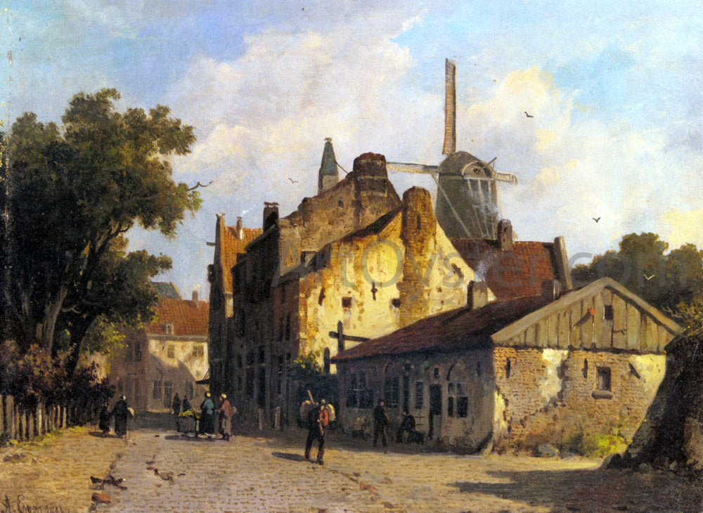 Adrianus Eversen Village Scene With A Windmill - Hand Painted Oil Painting
