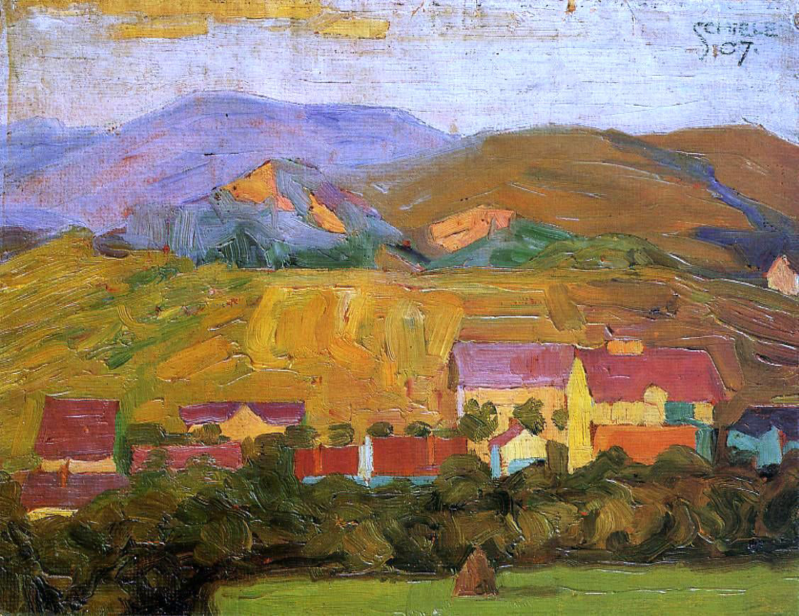 Egon Schiele Village with Mountains - Hand Painted Oil Painting