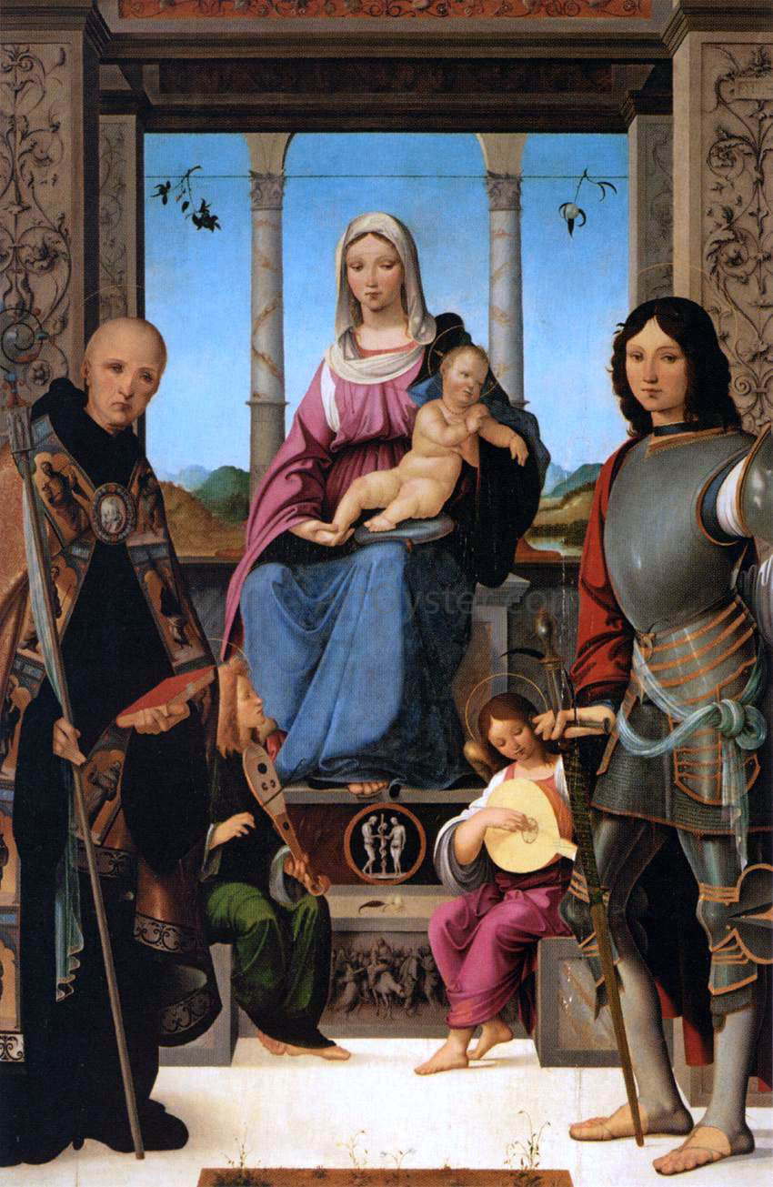Francesco Marmitta Virgin and Child Flanked by Sts Benedict and Quentin - Hand Painted Oil Painting