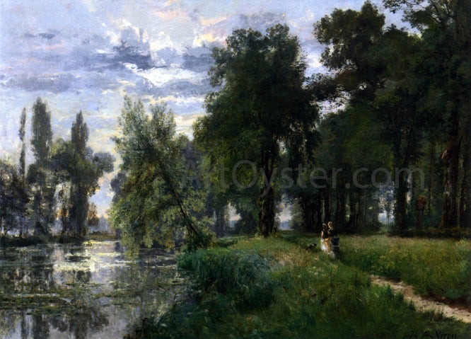 Alexandre-Rene Vernon Walking by the River - Hand Painted Oil Painting
