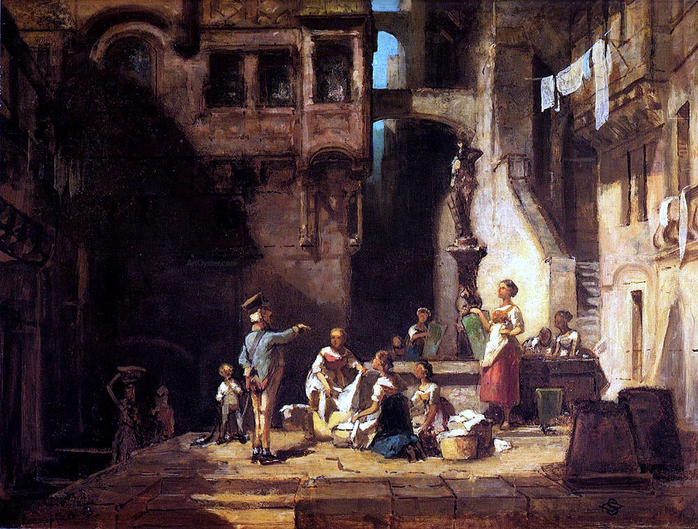 Carl Spitzweg Wascherinnen am Brunnen - Hand Painted Oil Painting