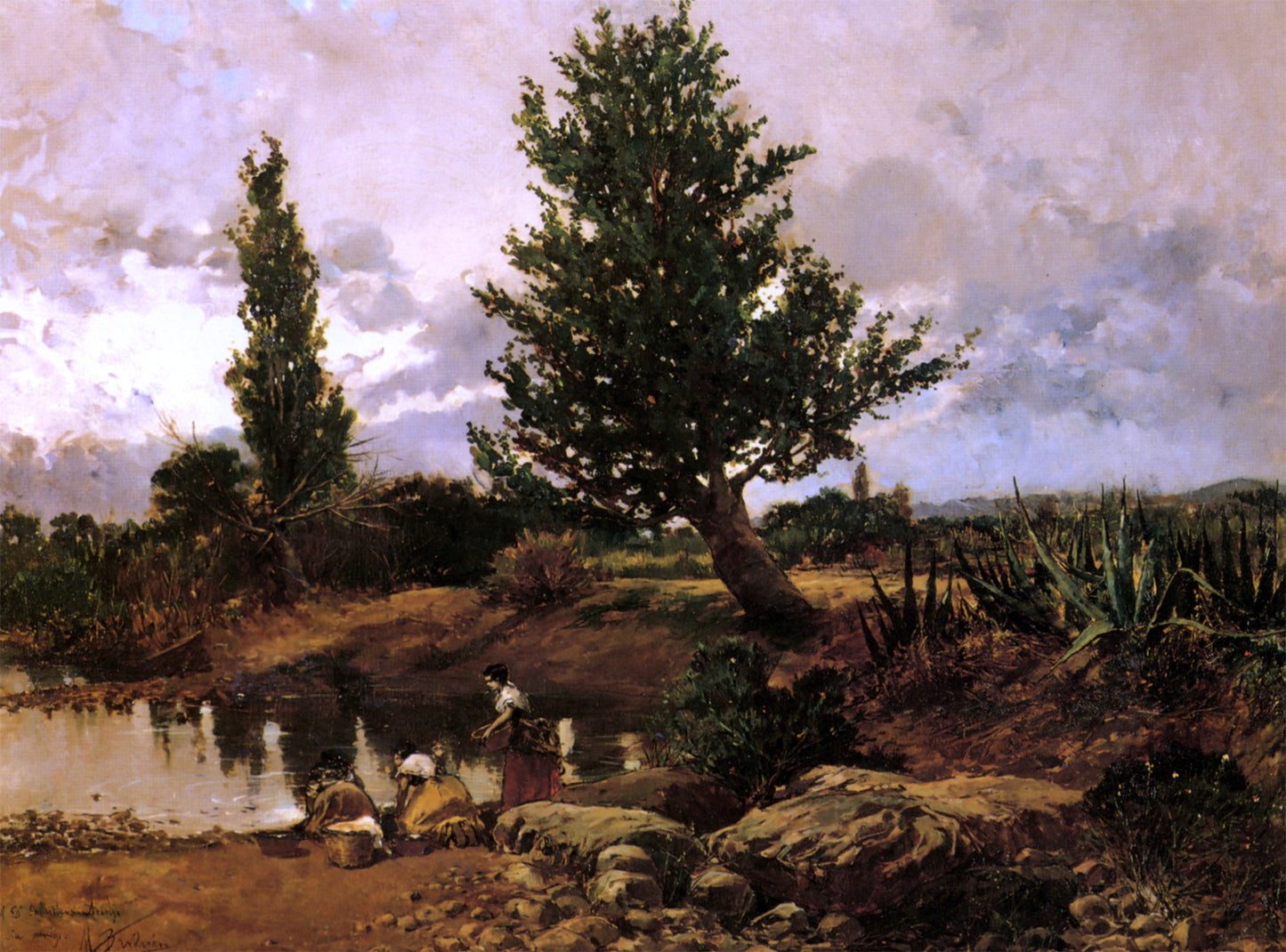 Mariano Barbasan Washerwoman Along A Rivers Edge - Hand Painted Oil Painting