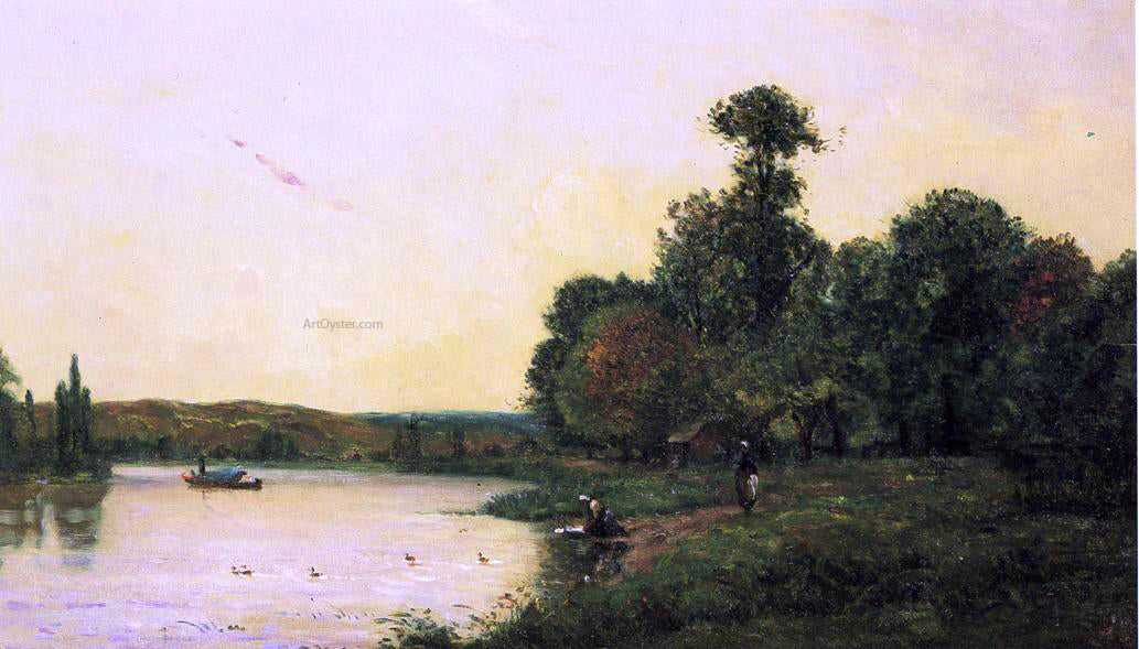 Hippolyte Camille Delpy Washerwomen by he River at Sunset - Hand Painted Oil Painting