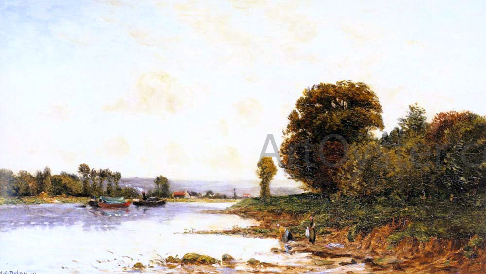 Hippolyte Camille Delpy Washerwomen in a River Lanscape with Steamboats beyond - Hand Painted Oil Painting